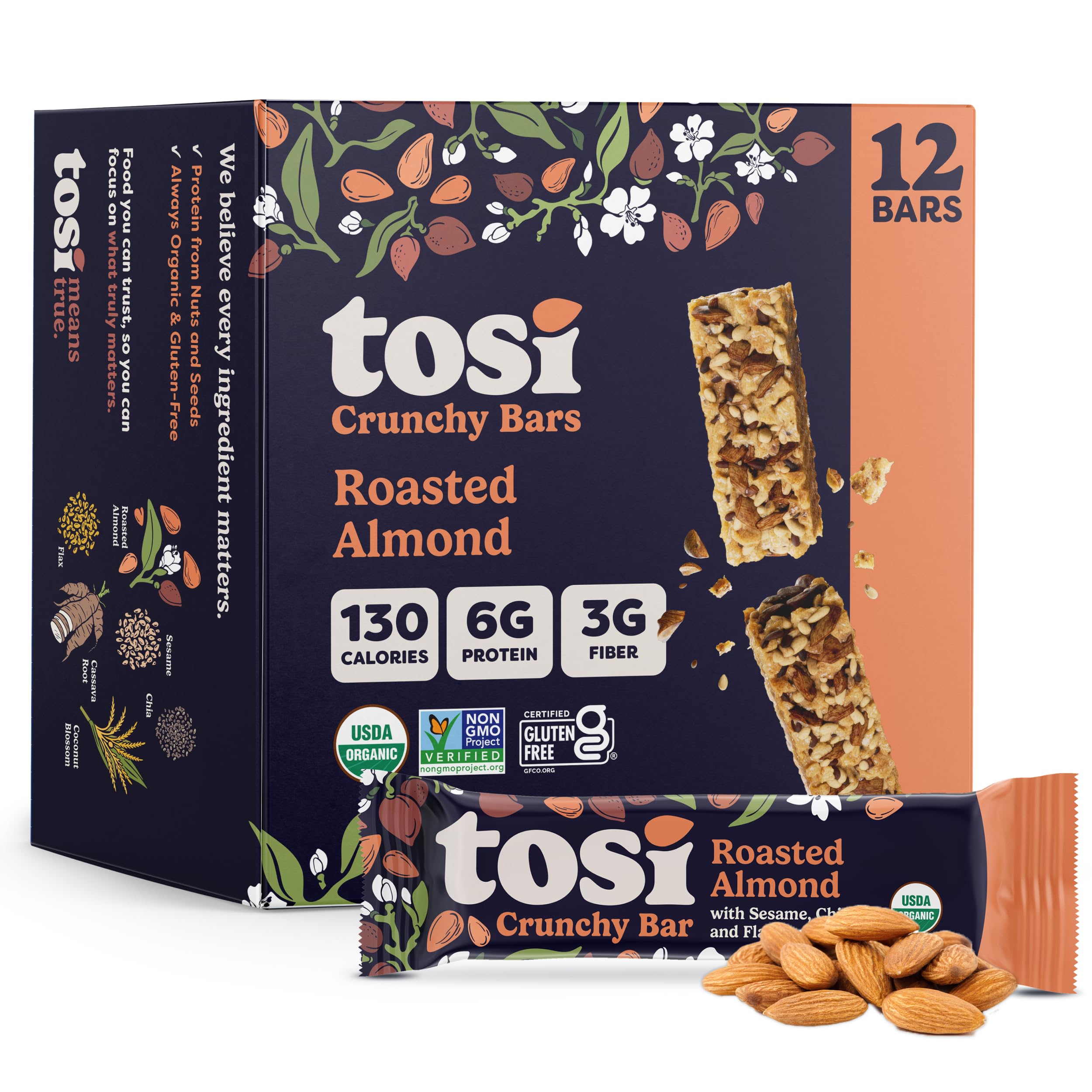 Tosi Nut Bars Almond 12-pack on display; convenient snack for busy days.