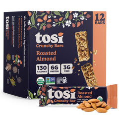 Tosi Nut Bars Almond 12-pack on display; convenient snack for busy days.