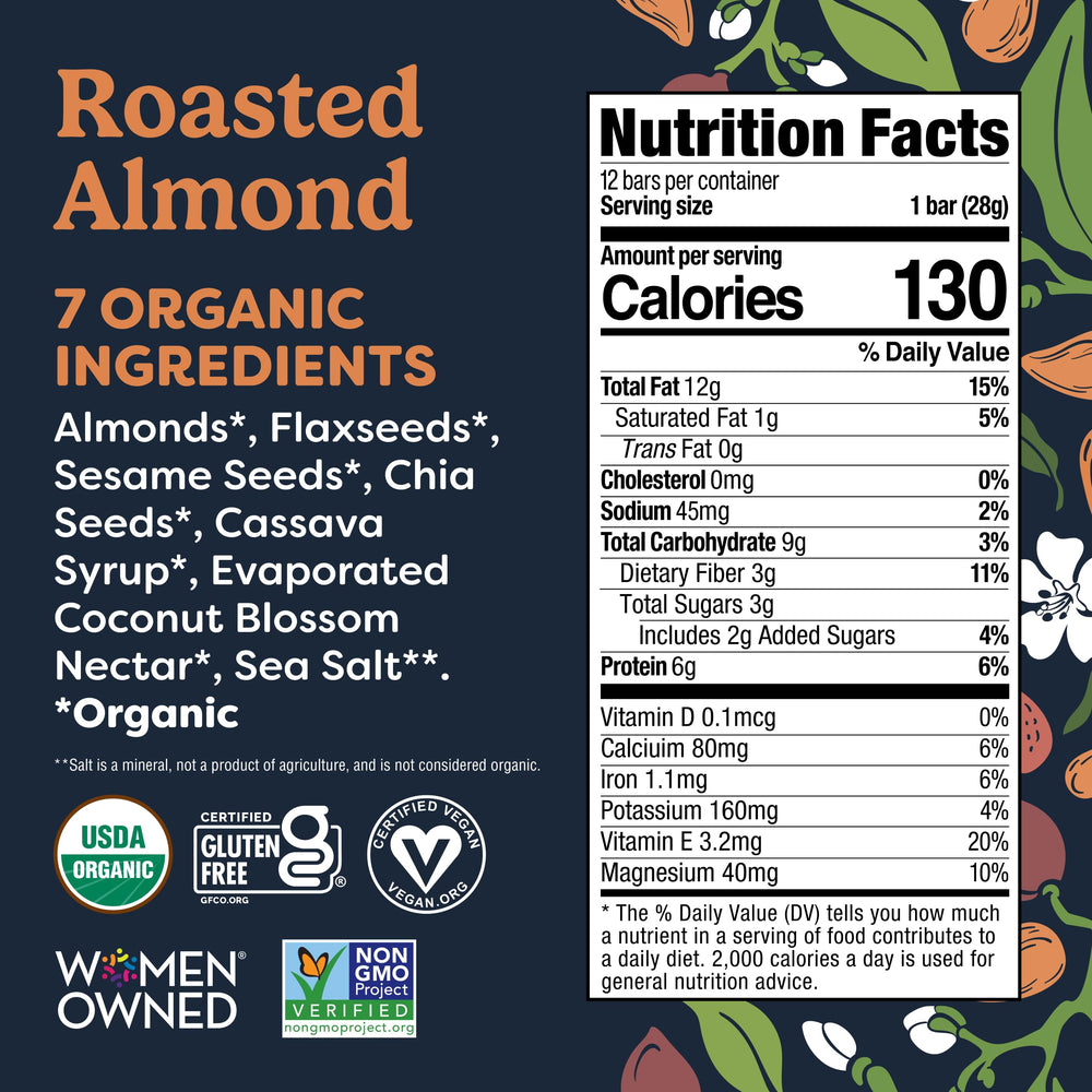 Tosi Nut Bars Almond crunch close-up; plant-based protein with omega-3s.