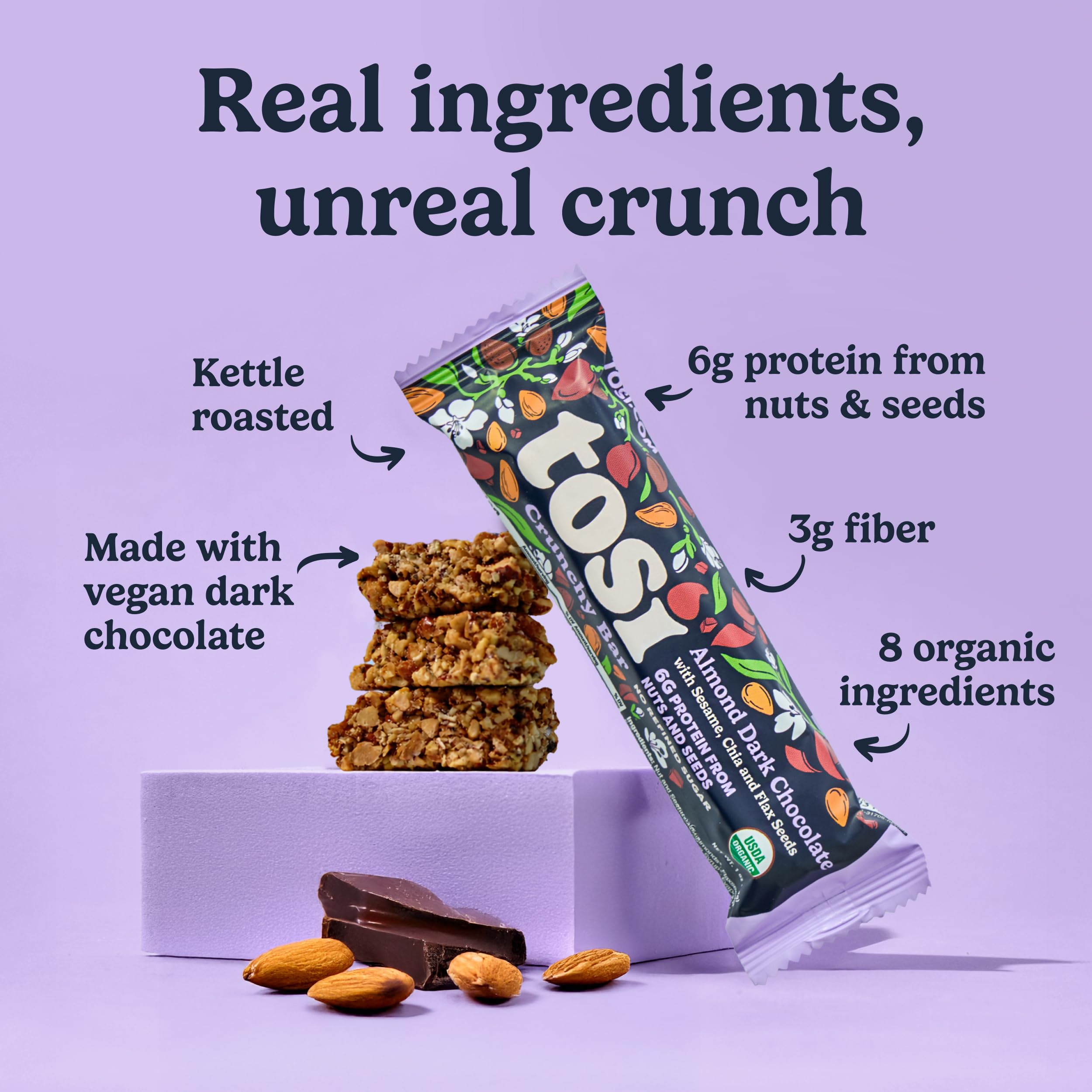 Tosi Nut Bars ingredients view with chia and flax for plant-based protein.