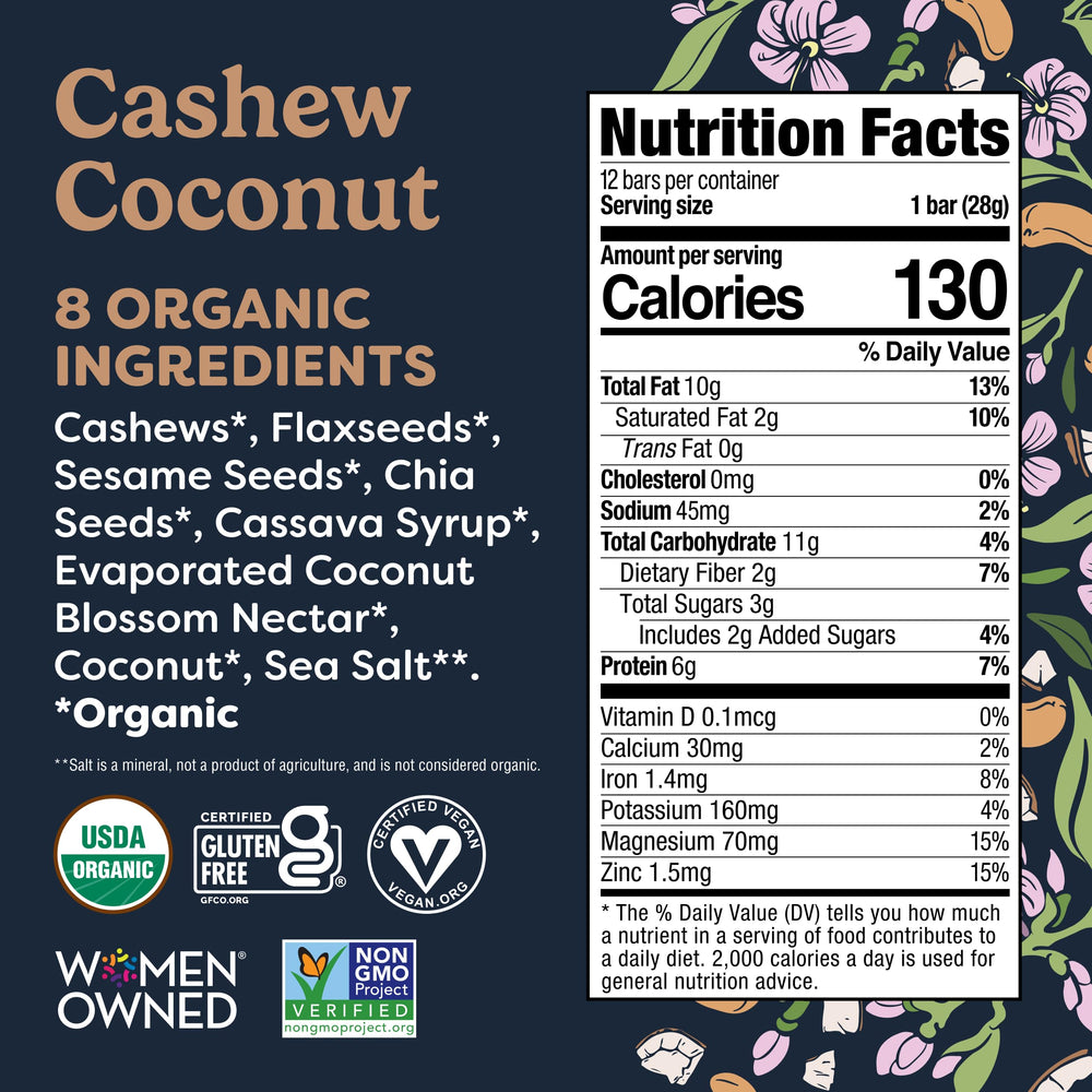 Tosi Nut Bars Cashew Coconut ingredients close-up of cashews and seeds.