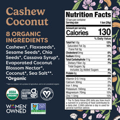 Tosi Nut Bars Cashew Coconut ingredients close-up of cashews and seeds.