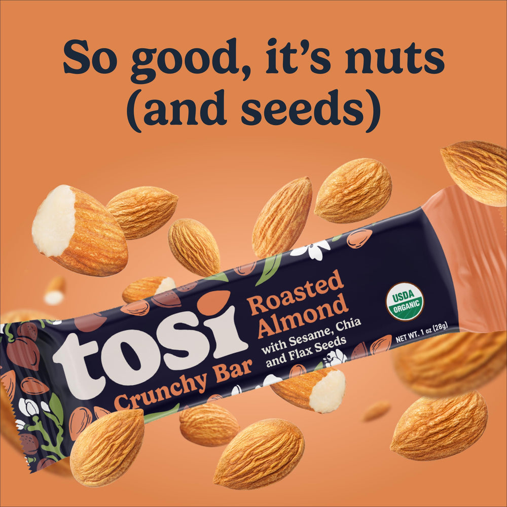 Tosi Nut Bars naturally sweetened with coconut nectar; better tasting bite.