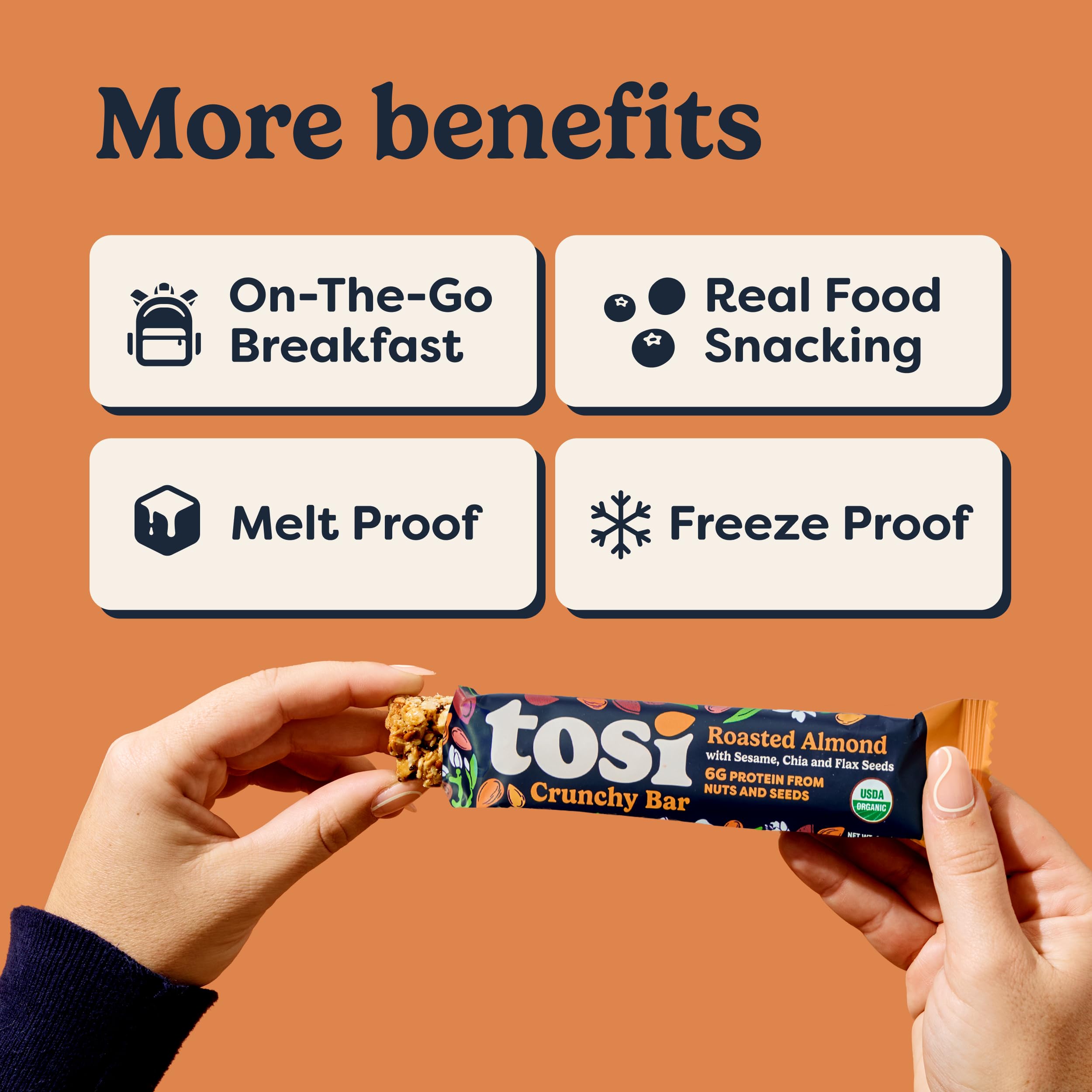 Tosi Nut Bars travel-friendly snack in bag; mess-free and portable.