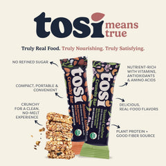 Tosi organic gluten-free vegan bars label, non-GMO.