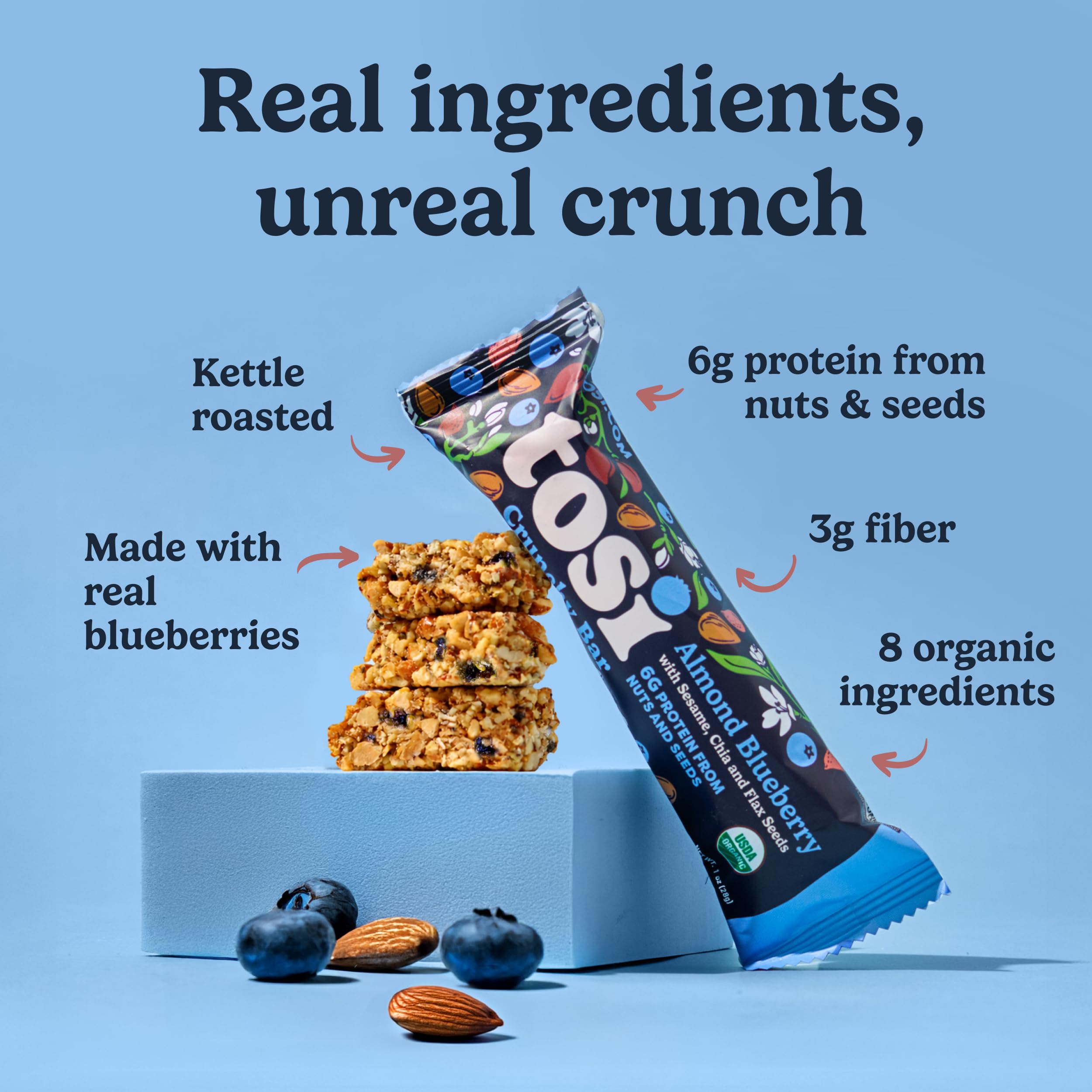 Tosi plant-based protein bars 14g pack—convenient energy for busy days.