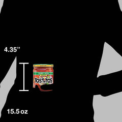 Close-up of Tostitos Salsa jar showing chunky texture, ideal for dipping.