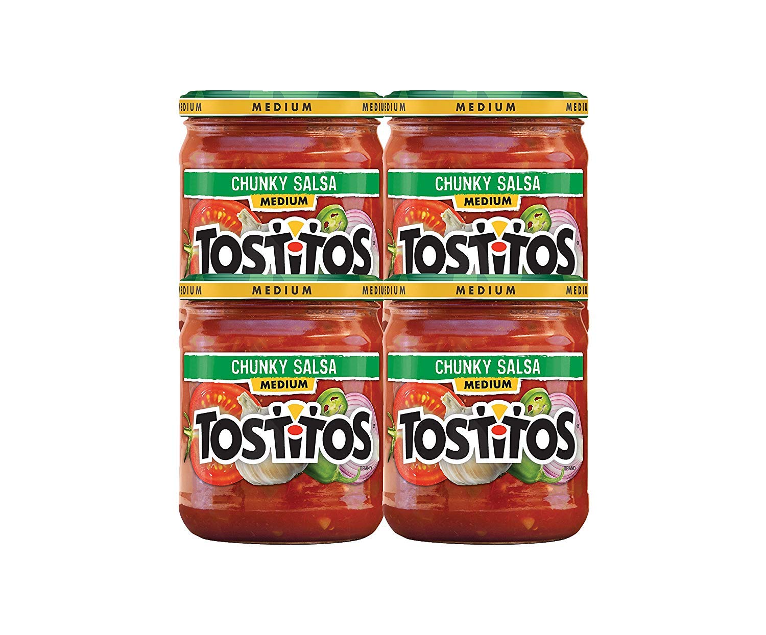Tostitos Medium Chunky Salsa pack of four jars, ready for sharing.