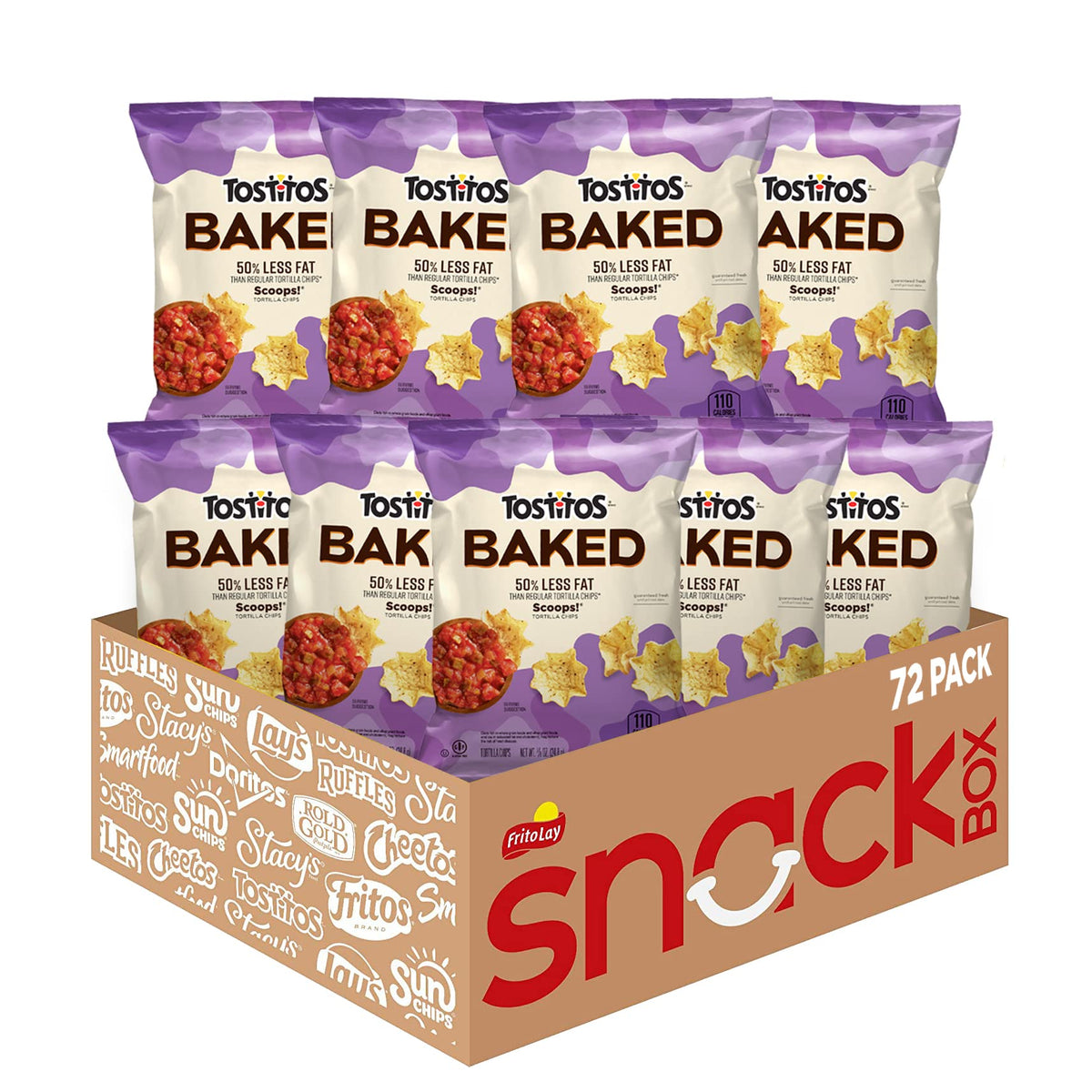 Tostitos Oven Baked Scoops bag display, 72-pack, a lighter snacking option for quick dips.