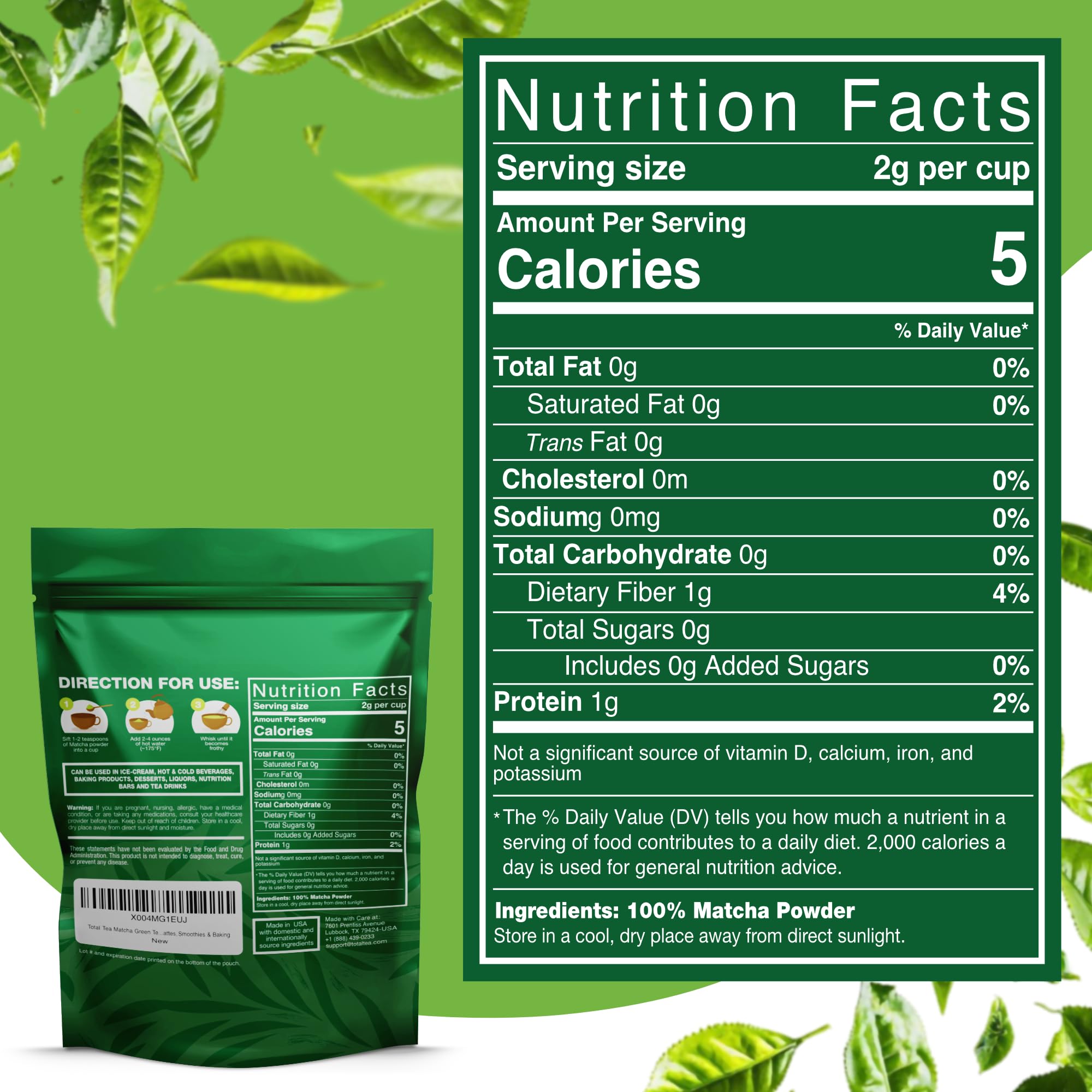 Total Tea matcha green tea powder with scoop, ideal for traditional or modern beverages.