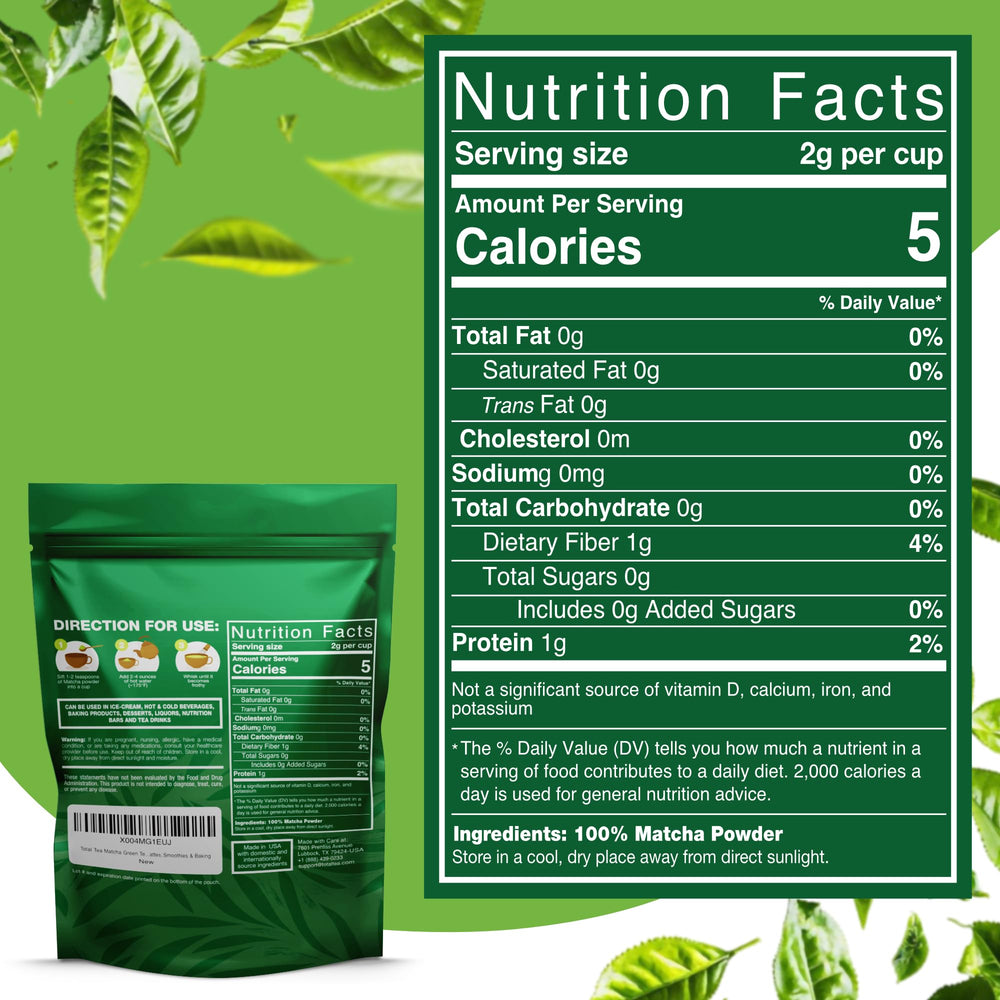 Total Tea matcha green tea powder with scoop, ideal for traditional or modern beverages.