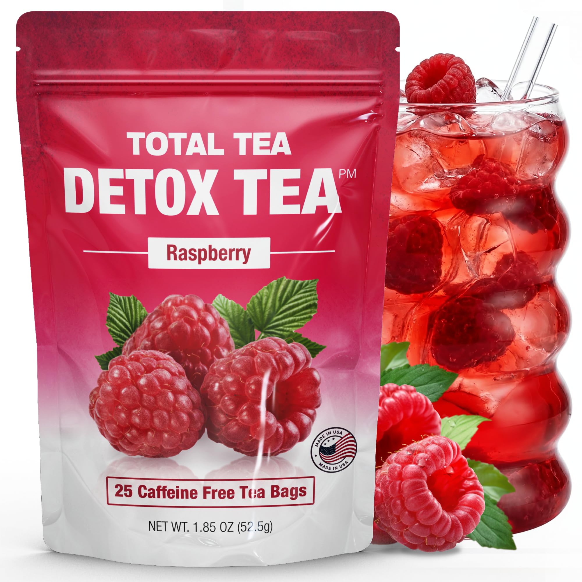 Total Tea Simming Detox Tea bottle label showing caffeine-free herbal blend for a calming routine