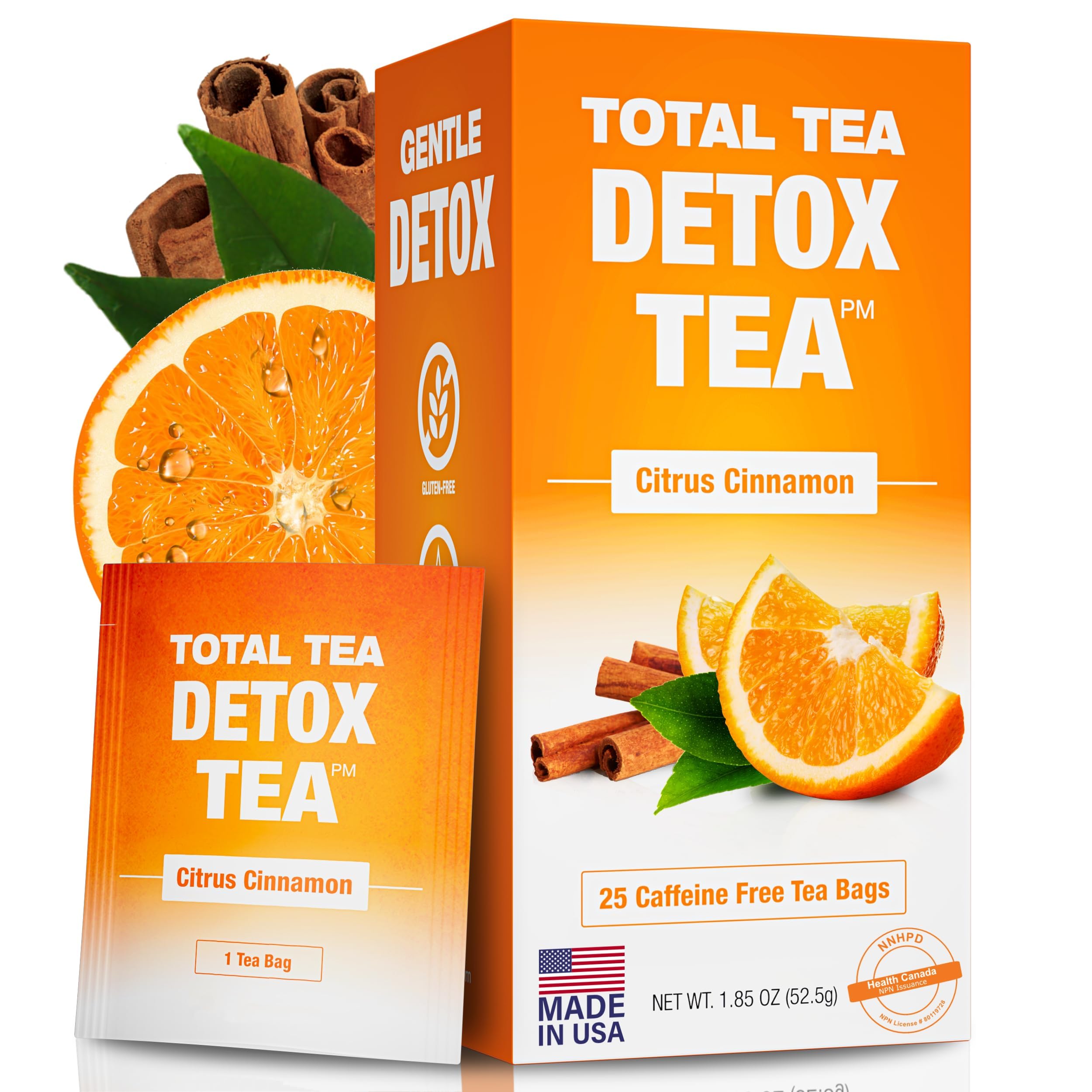 Total Tea Simming Detox Tea packaging promotes a caffeine-free daily ritual.