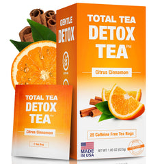 Total Tea Simming Detox Tea packaging promotes a caffeine-free daily ritual.