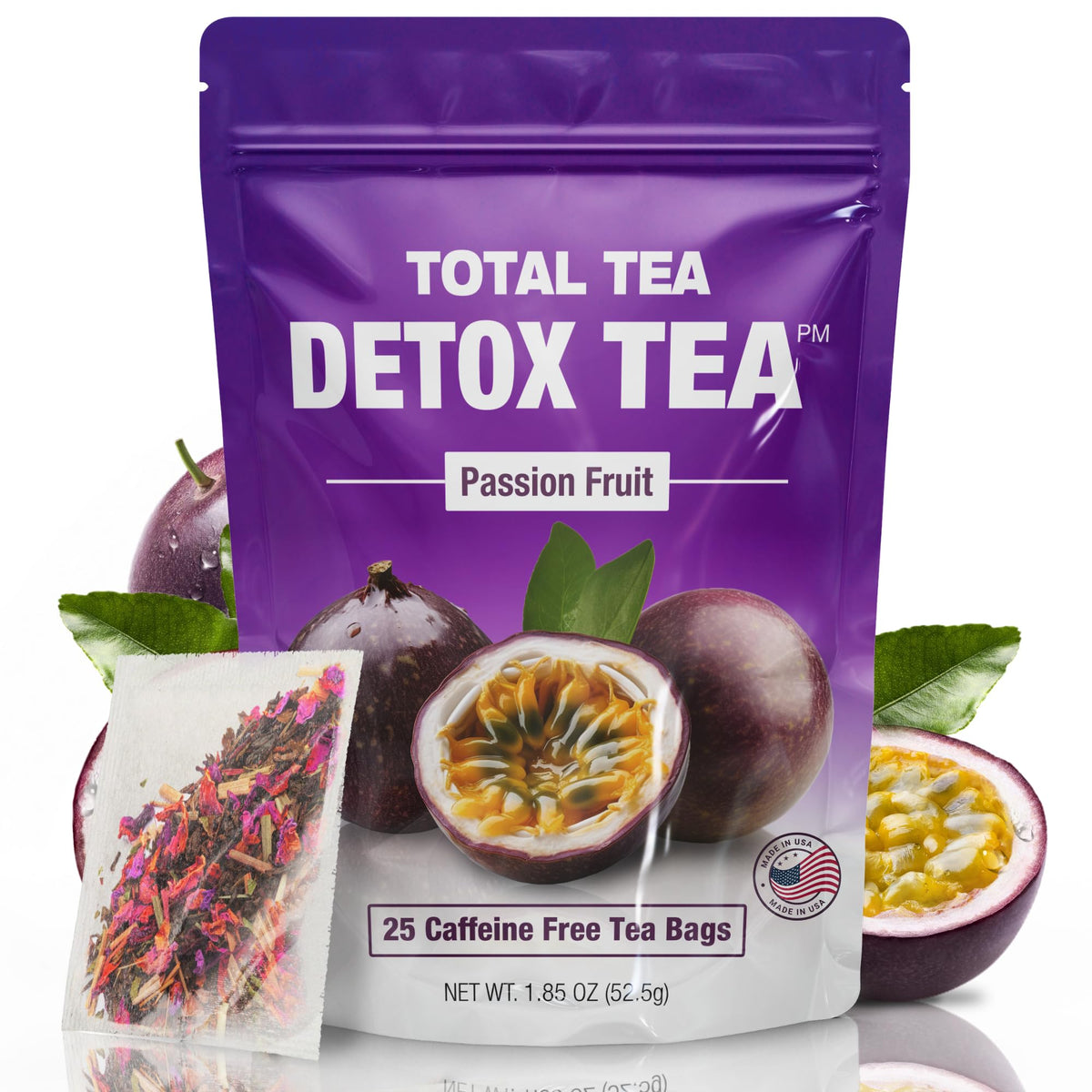 Total Tea Slimming Detox Tea bottle with chamomile and hibiscus for calming digestion.