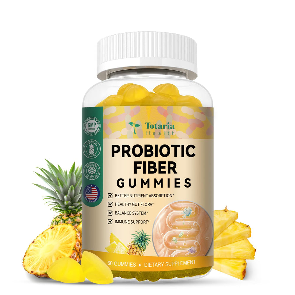 Totaria bottle shows 9-in-1 probiotic fiber gummies for daily support.