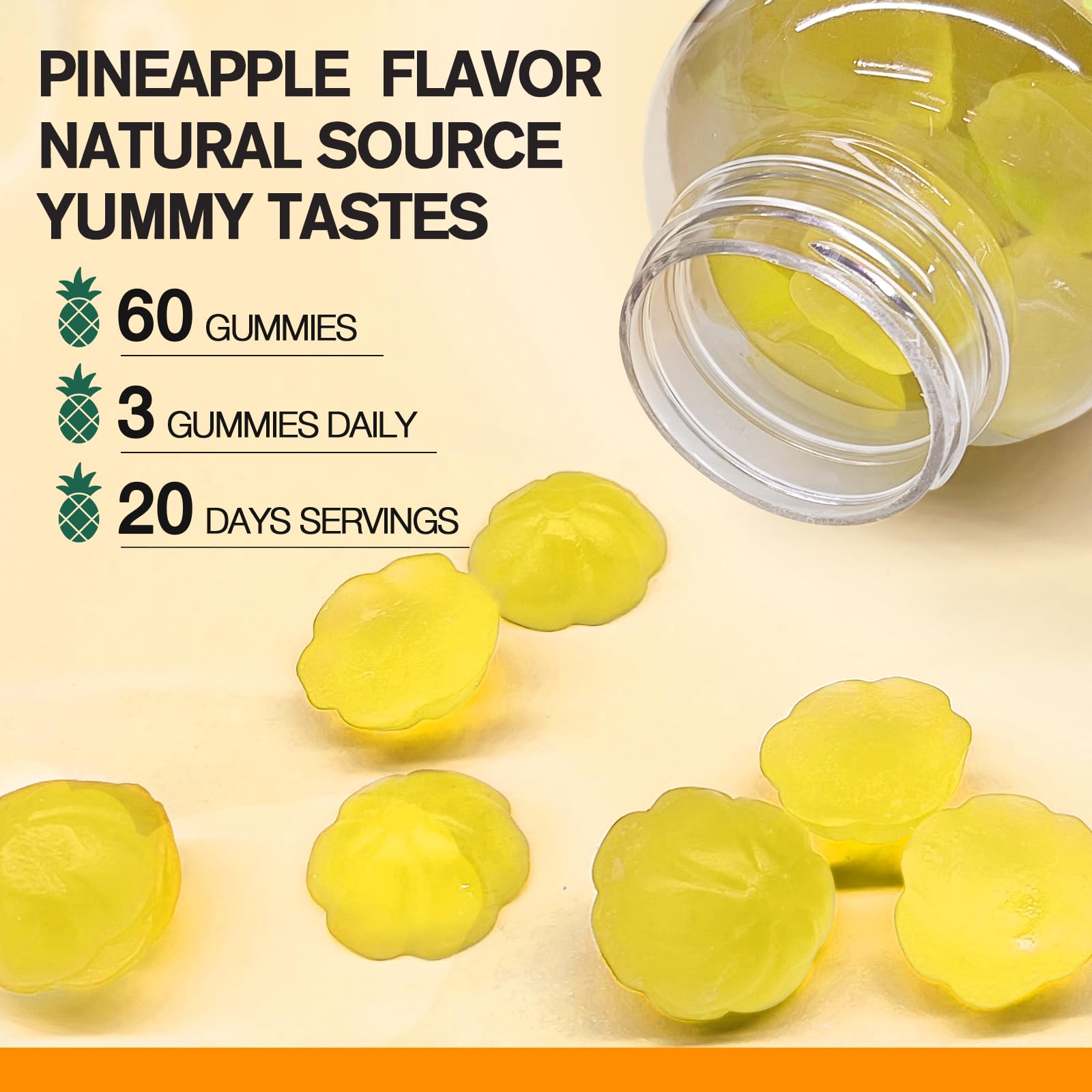 Totaria gummy texture close-up emphasizes soft chew and pineapple appeal.