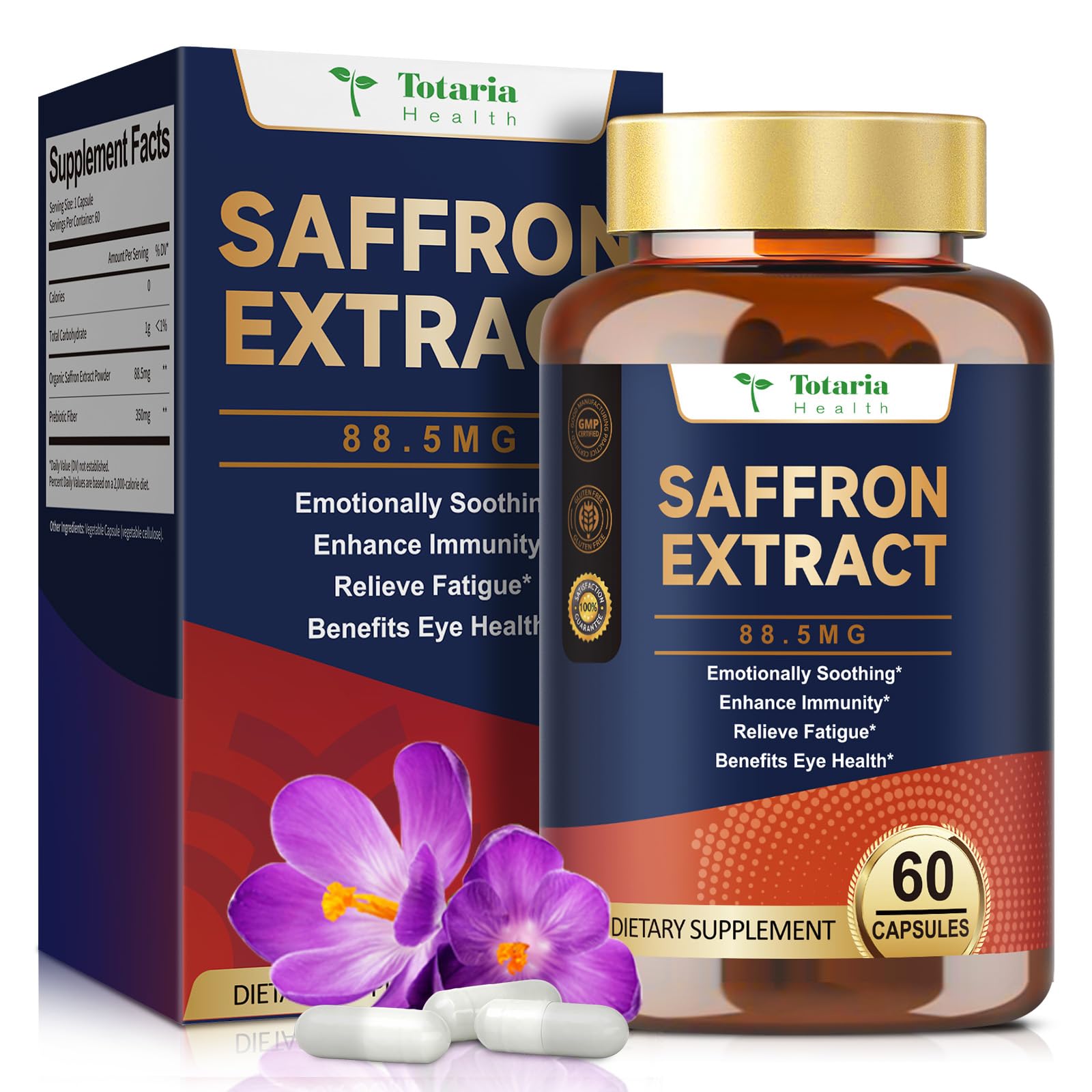 Totaria organic saffron supplements bottle with capsules for daily mood support