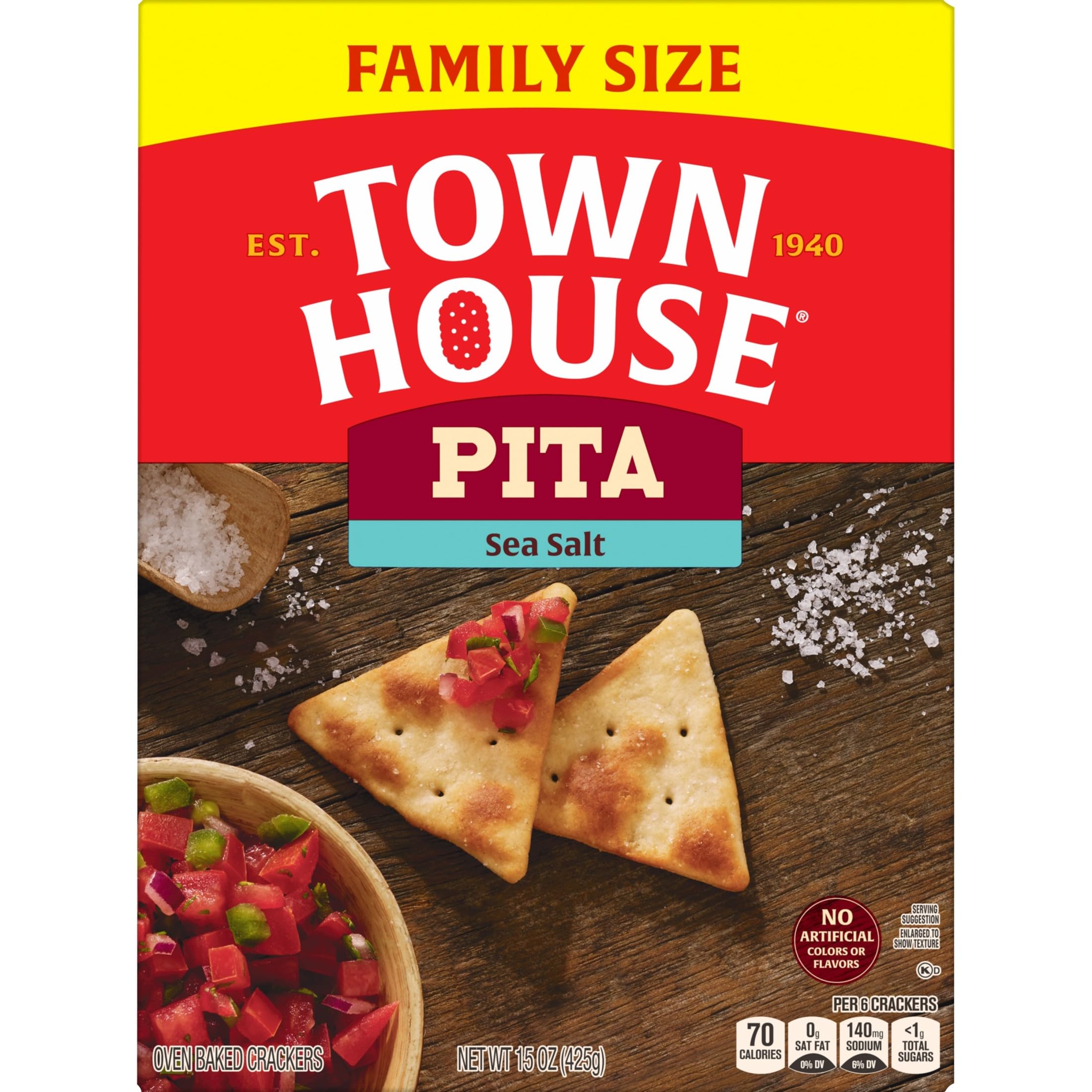 Town House Pita Sea Salt crackers pair well with spicy dips and tangy sauces.