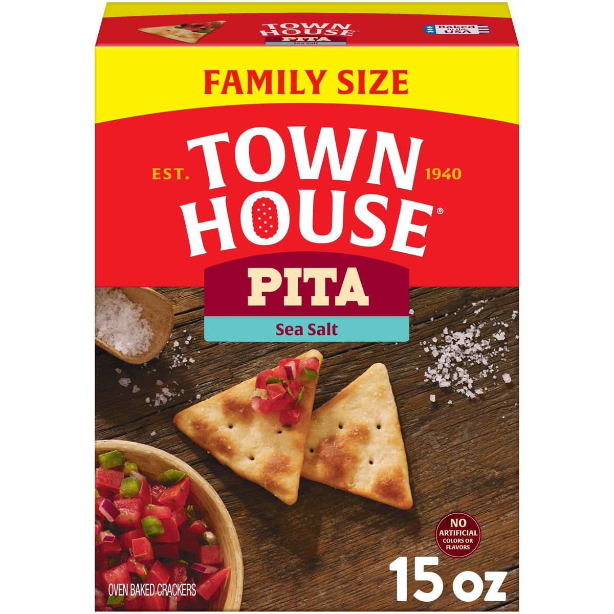 Town House Pita Sea Salt crackers with oven-baked crunch, ideal for dipping and sharing.