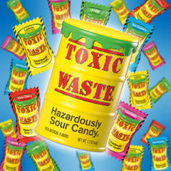 TOXIC WASTE blue raspberry candy brings vibrant flavor and sour kick.
