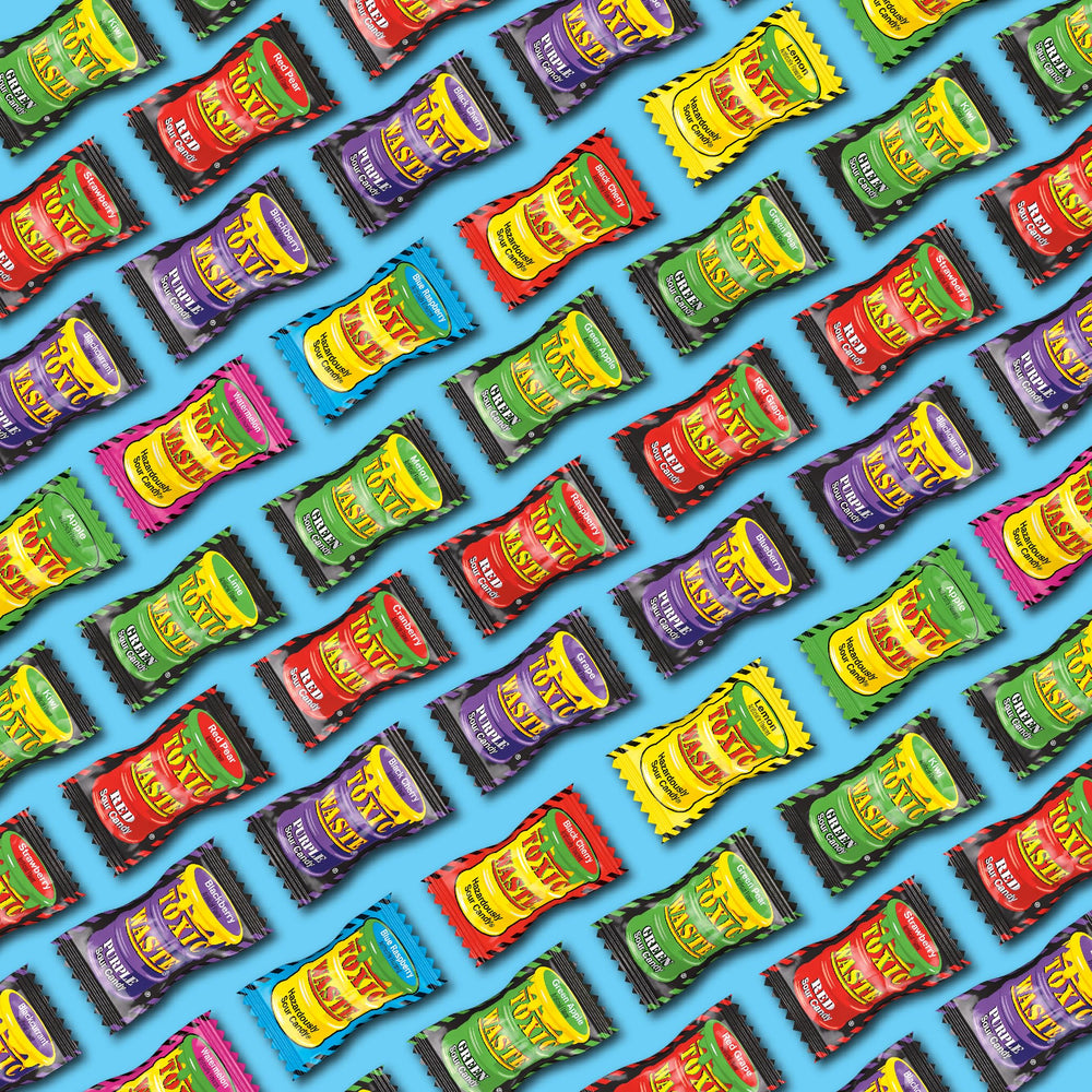 TOXIC WASTE pack closeup, individually wrapped candy for sharing.