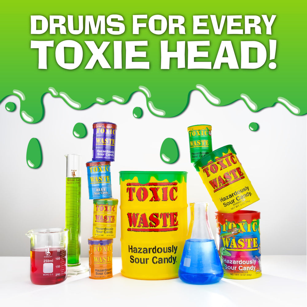 TOXIC WASTE display, four colorful drums invite flavor exploration.