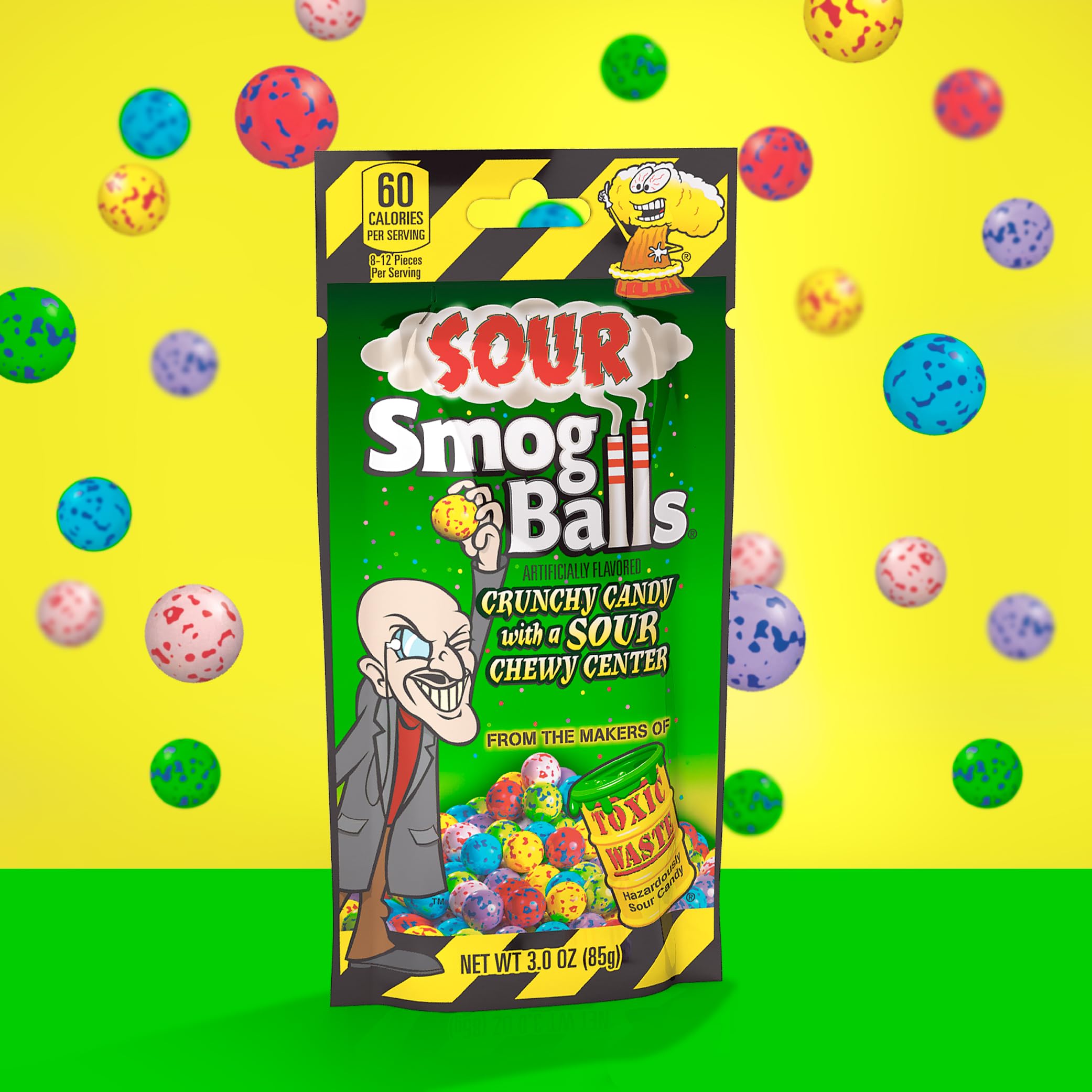 TOXIC WASTE Sour Smog Balls Strawberry and Blue Raspberry flavors, party-ready snack.