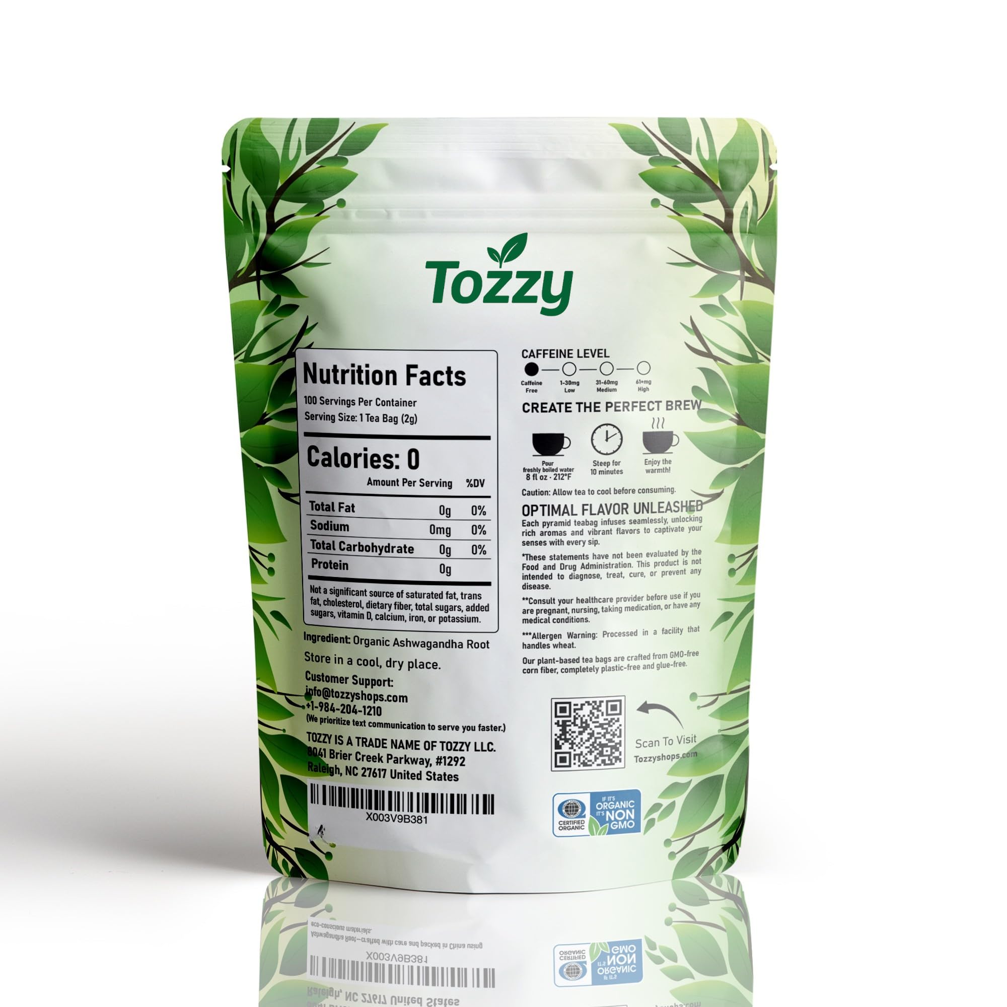 TOZZY 100-count pyramid tea bag box showcasing sustainable sourcing.