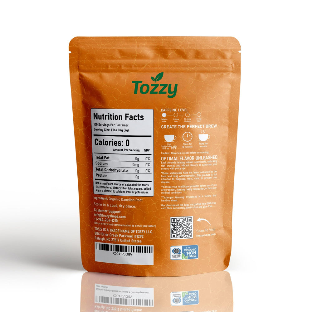 TOZZY Organic Dandelion Tea brew in cup highlights caffeine-free relaxation and flavor.