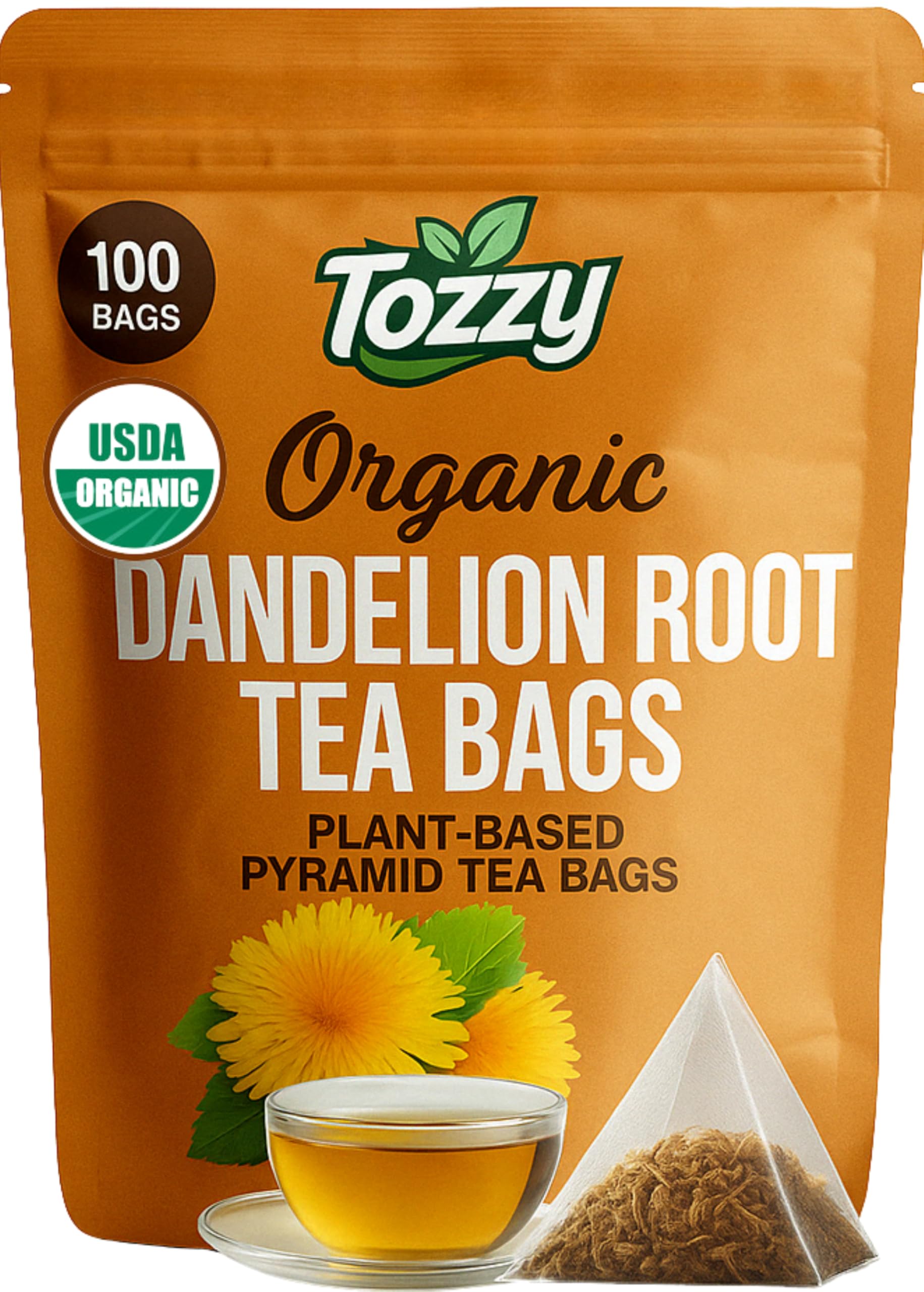TOZZY Organic Dandelion Tea pyramid bags ready to brew a gentle caffeine-free cup.
