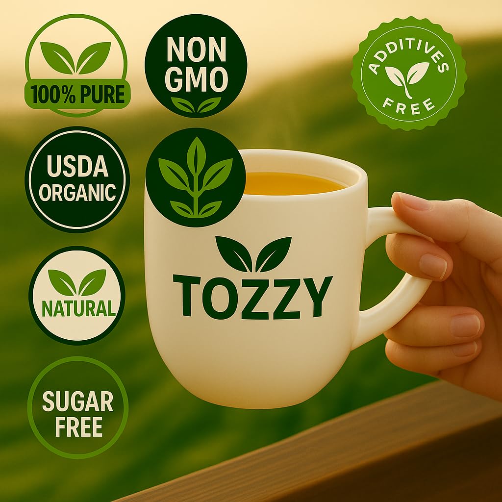 TOZZY Dandelion Tea pyramid bags closeup emphasizes premium infuser and flavor.