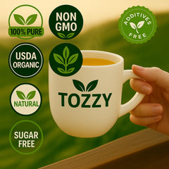 TOZZY Dandelion Tea pyramid bags closeup emphasizes premium infuser and flavor.