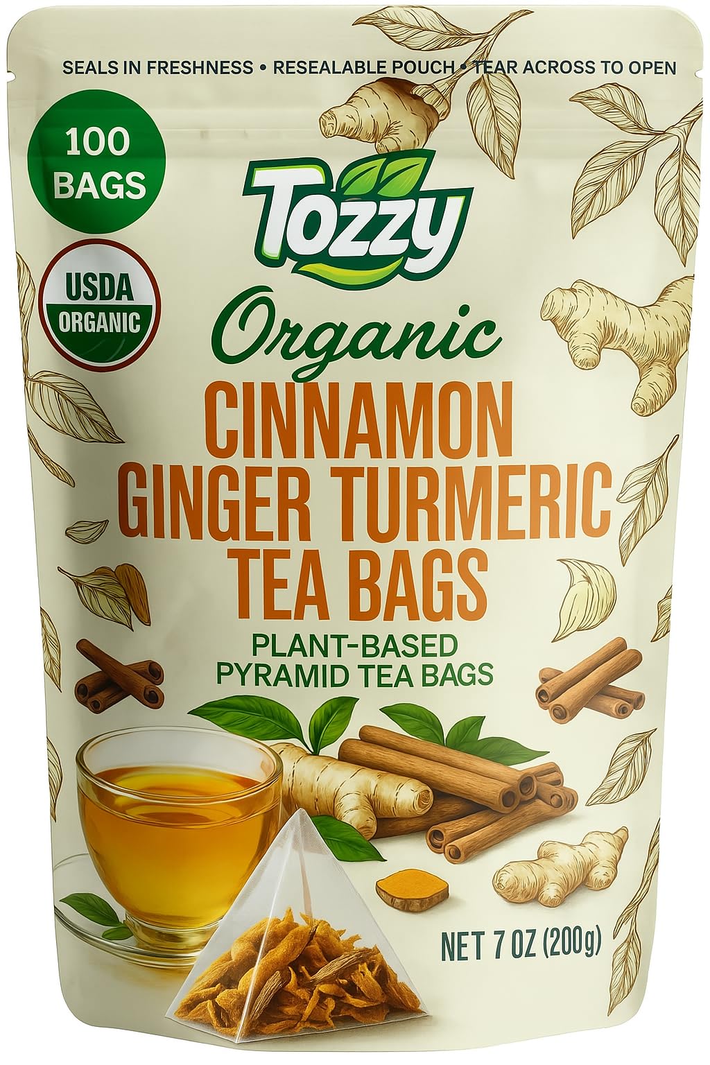 TOZZY Organic Turmeric Ginger Cinnamon Tea packaging showing sustainable design for daily use