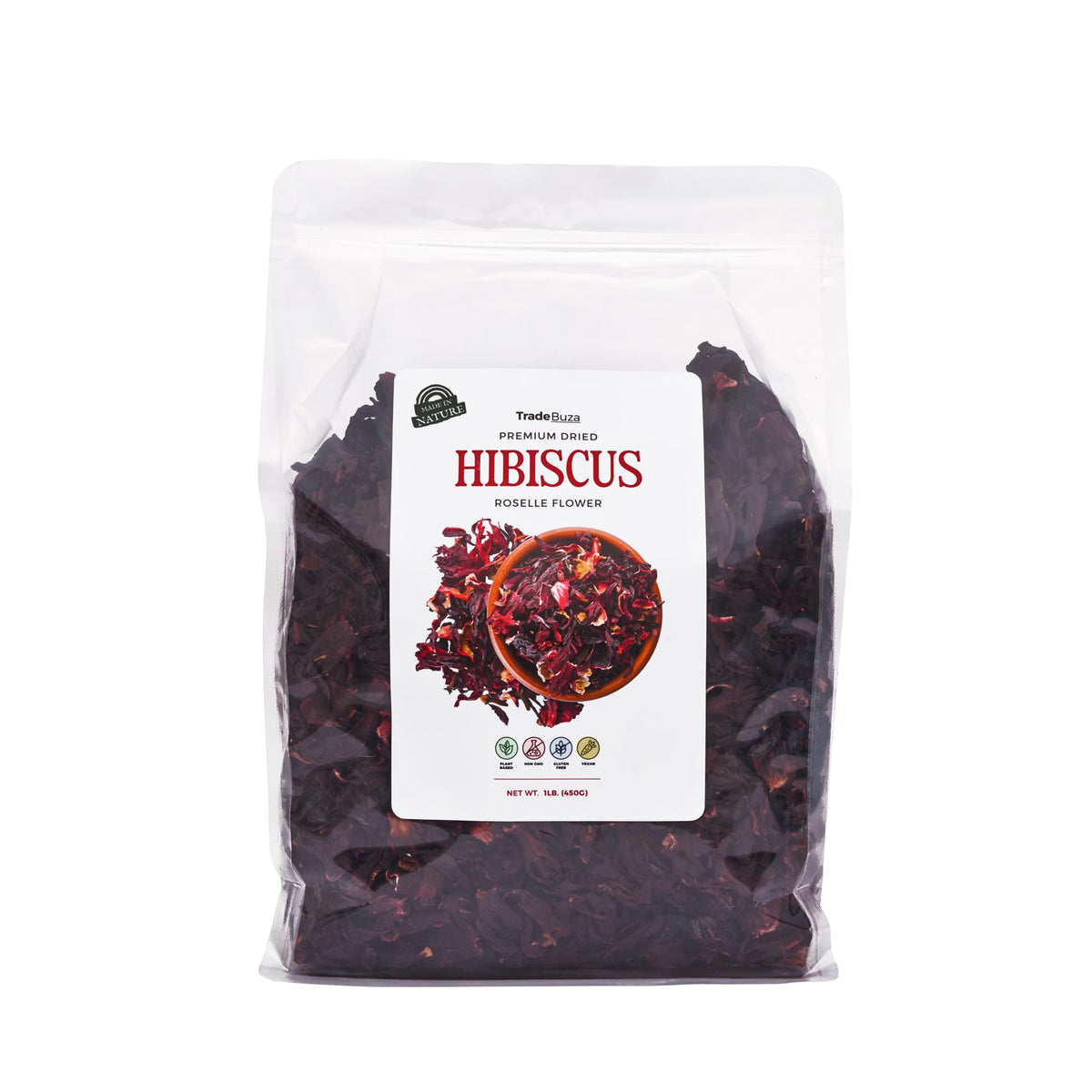 TradeBuza 1lb bag of dried hibiscus flowers for tea and refreshing drinks.