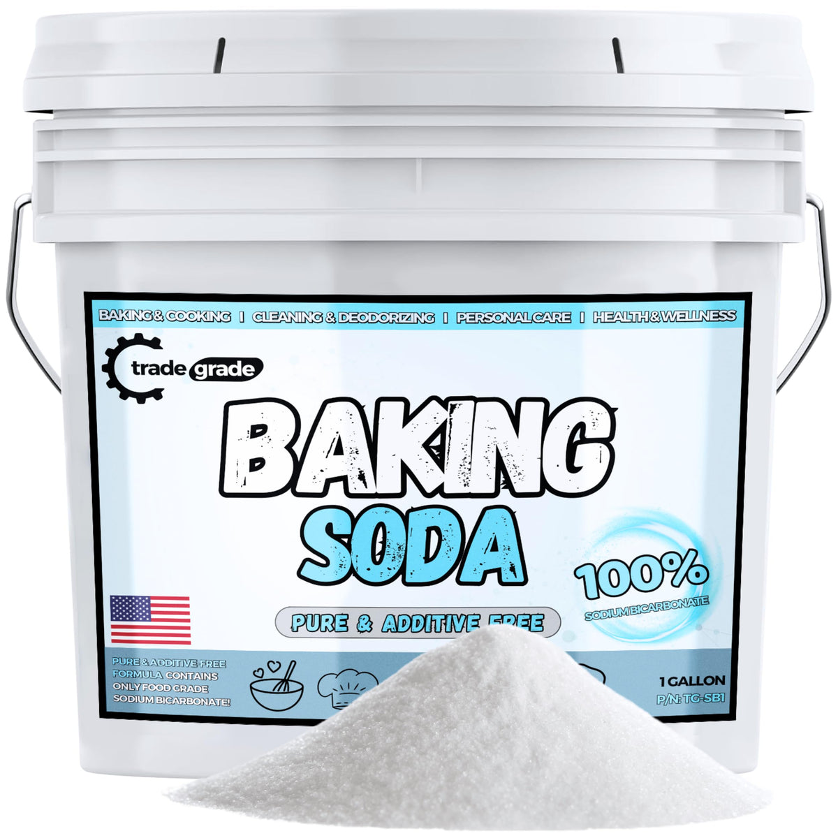 TradeGrade Pure Baking Soda Powder bottle label highlights food-grade quality for baking