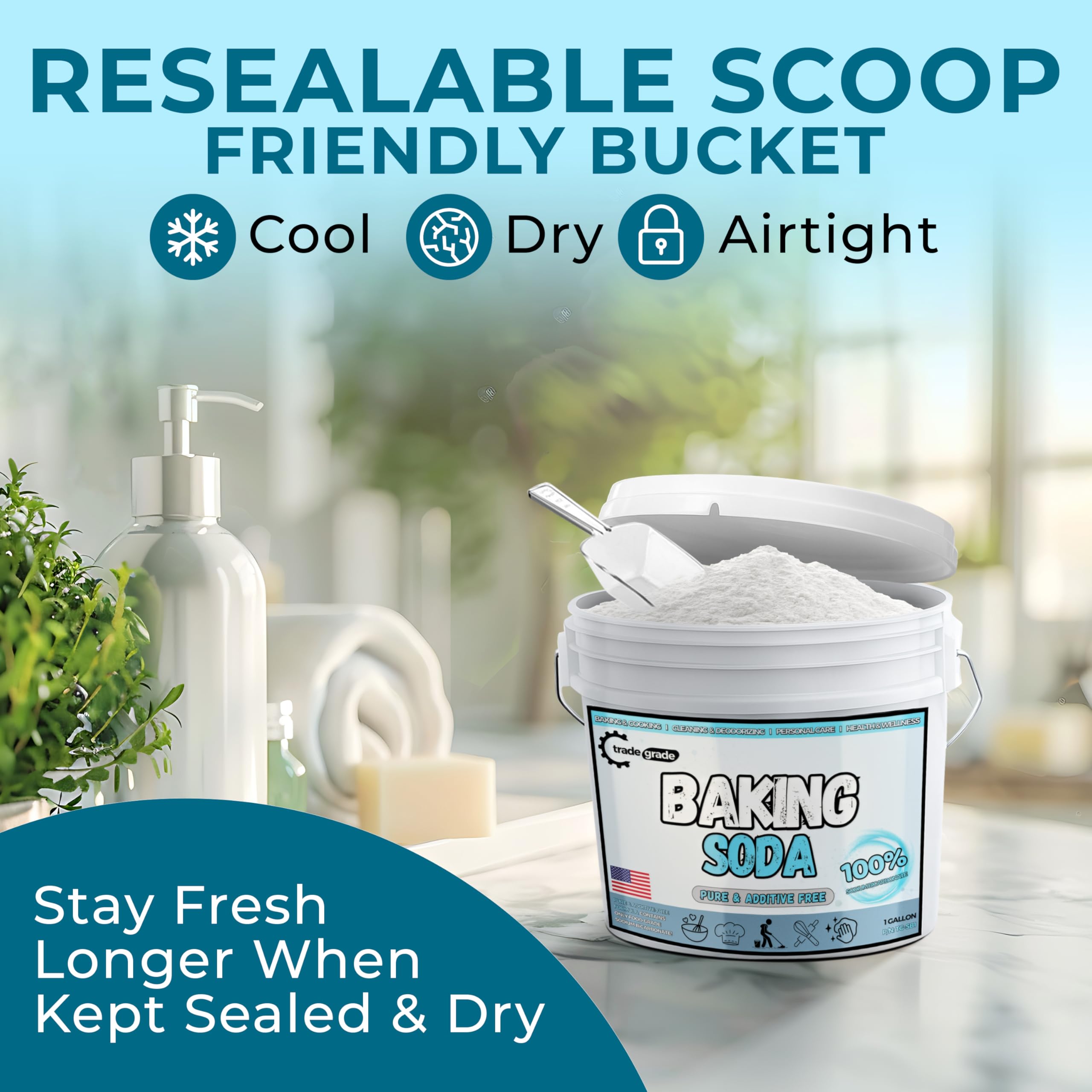 TradeGrade Pure Baking Soda Powder near dough and flour for versatile baking prep