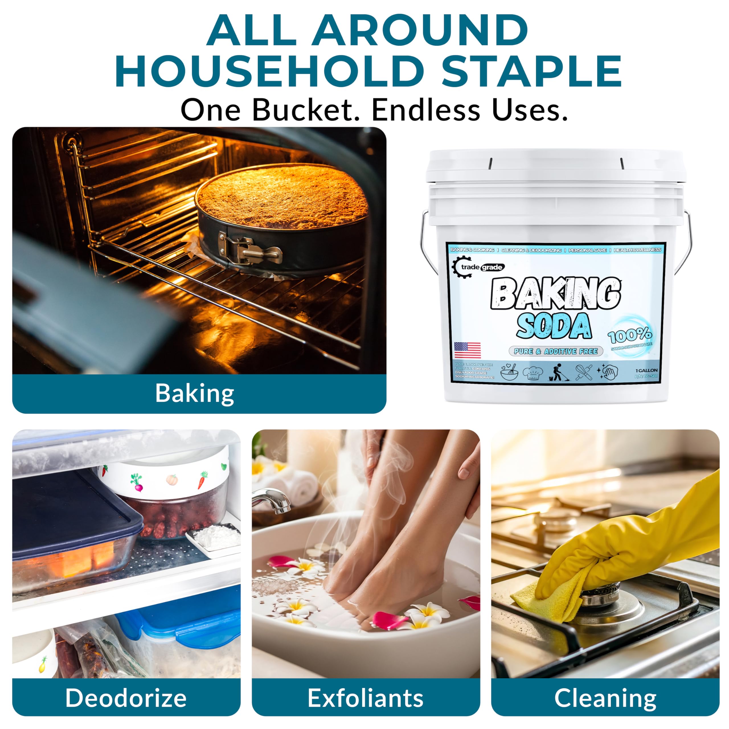 TradeGrade Pure Baking Soda Powder on kitchen surfaces showing natural cleaning effectiveness