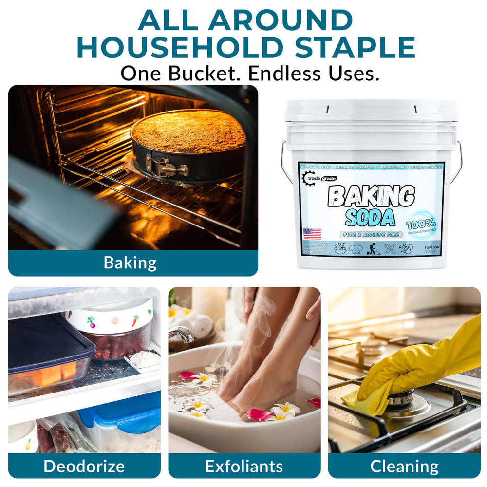TradeGrade Pure Baking Soda Powder on kitchen surfaces showing natural cleaning effectiveness