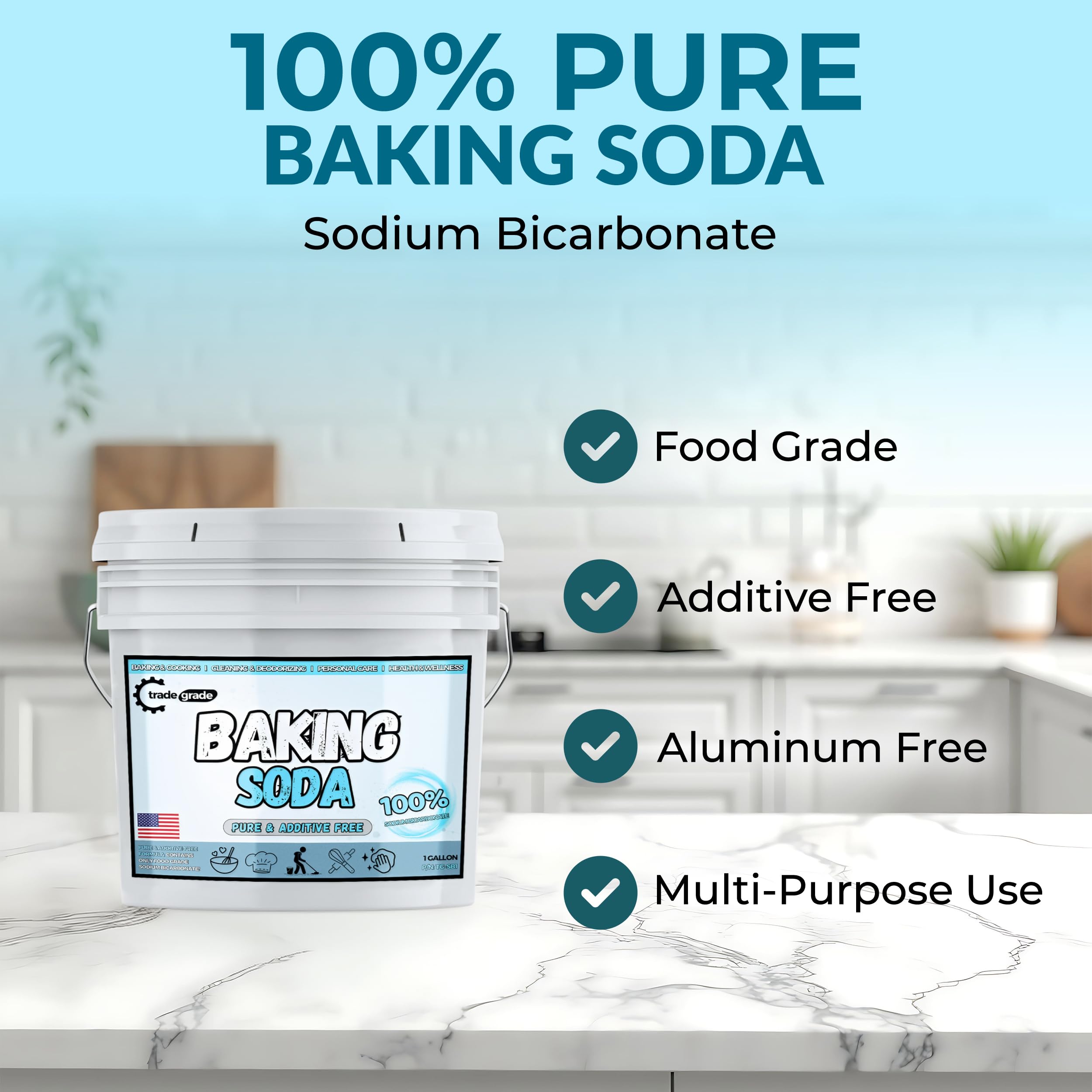 TradeGrade Pure Baking Soda Powder open container with scoop ready for cooking and cleaning tasks