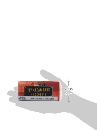 Trader Joe's 72% cacao Belgian chocolate bars resting on a kitchen counter, perfect for baking.