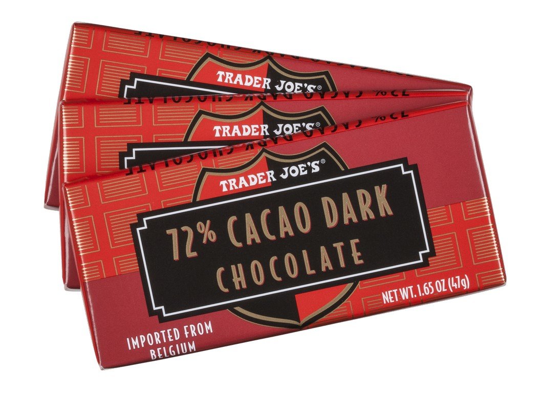 Trader Joe's 72% cacao Belgian chocolate bars 3-pack, front view, ready for gifting.
