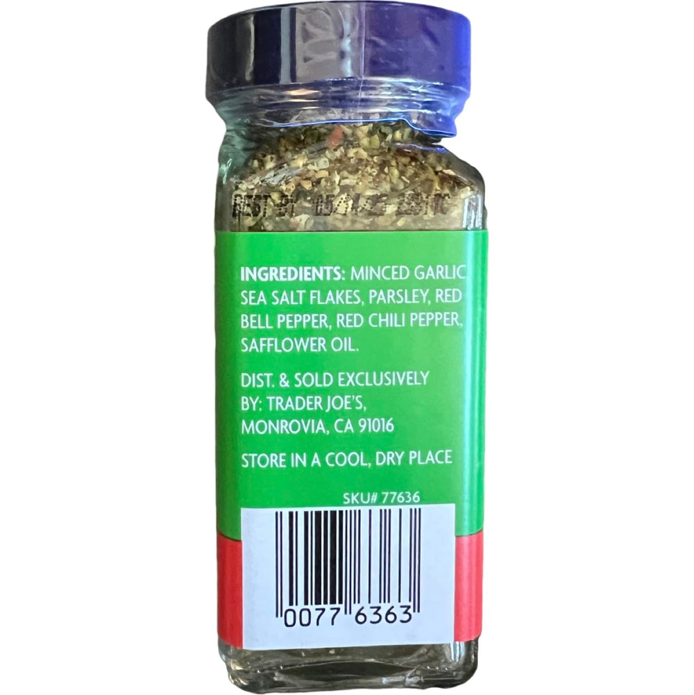 Closeup of Trader Joe's Aglio Olio label highlighting ingredients and bold flavor