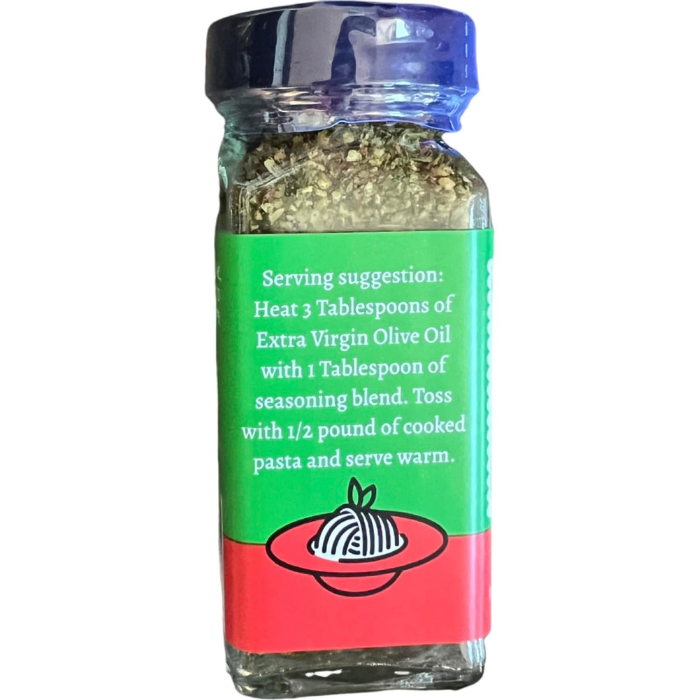 Pouring Trader Joe's Aglio Olio over pasta for garlicky, spicy flavor