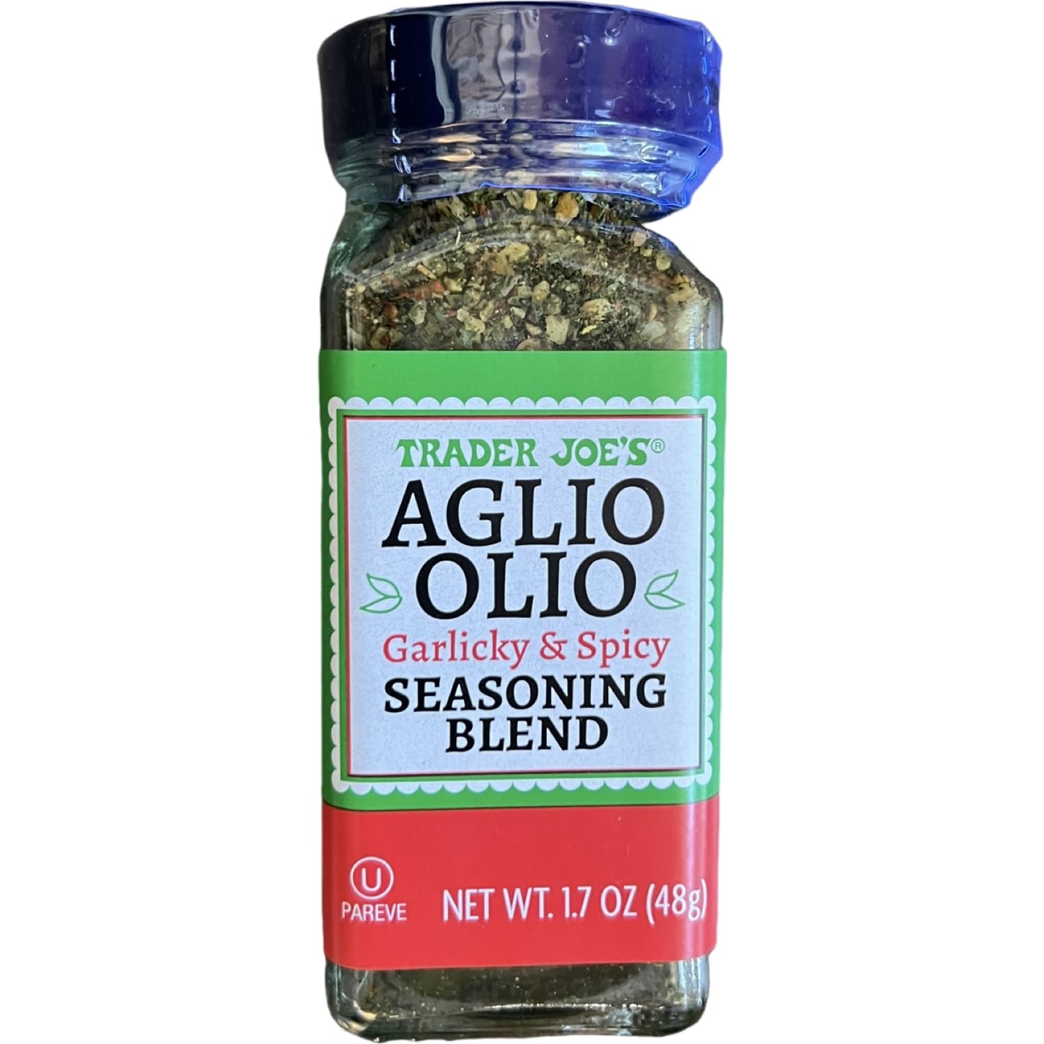 Trader Joe's Aglio Olio seasoning jar shows garlic-forward blend for quick weeknight meals