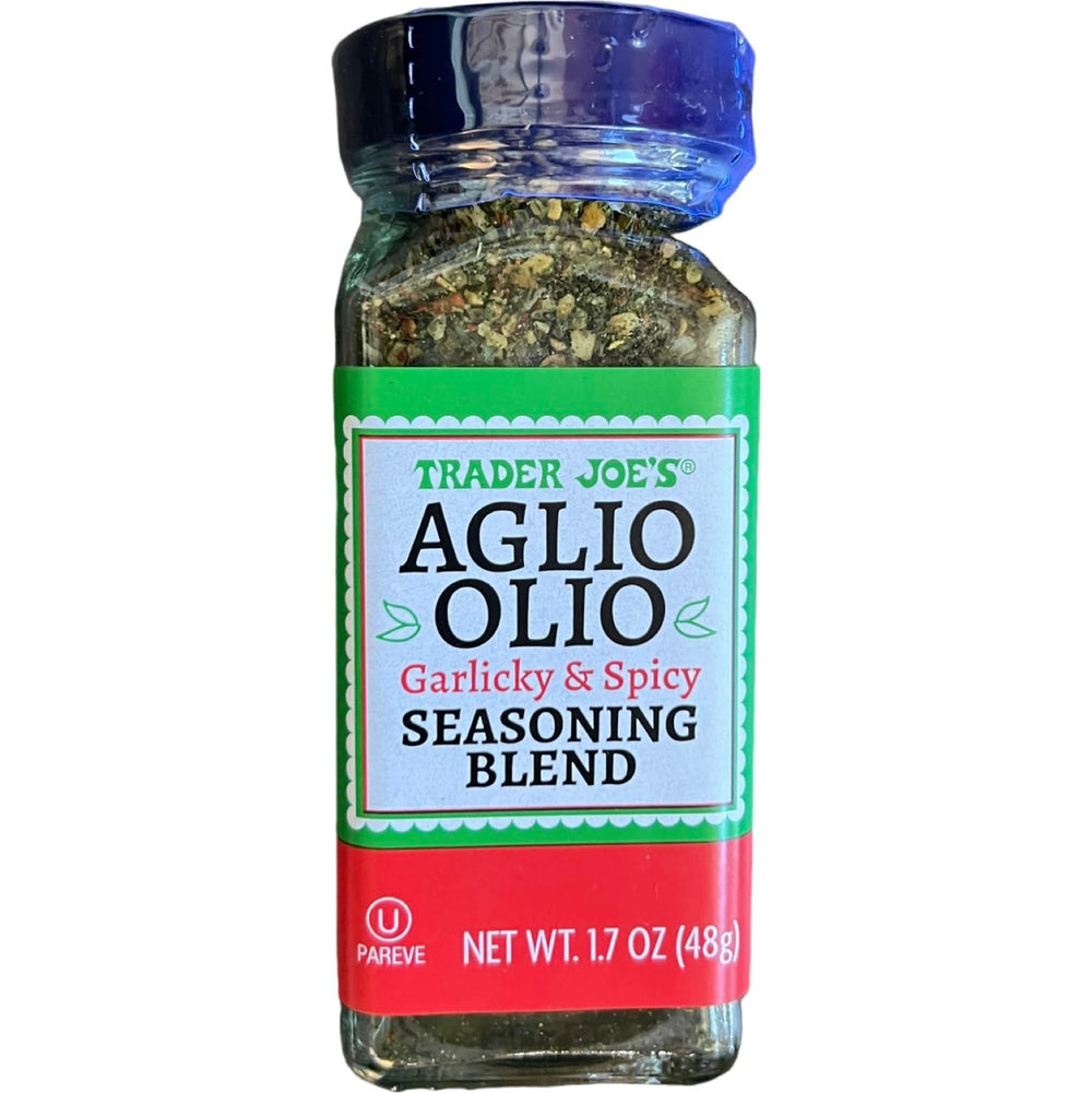 Trader Joe's Aglio Olio seasoning jar shows garlic-forward blend for quick weeknight meals