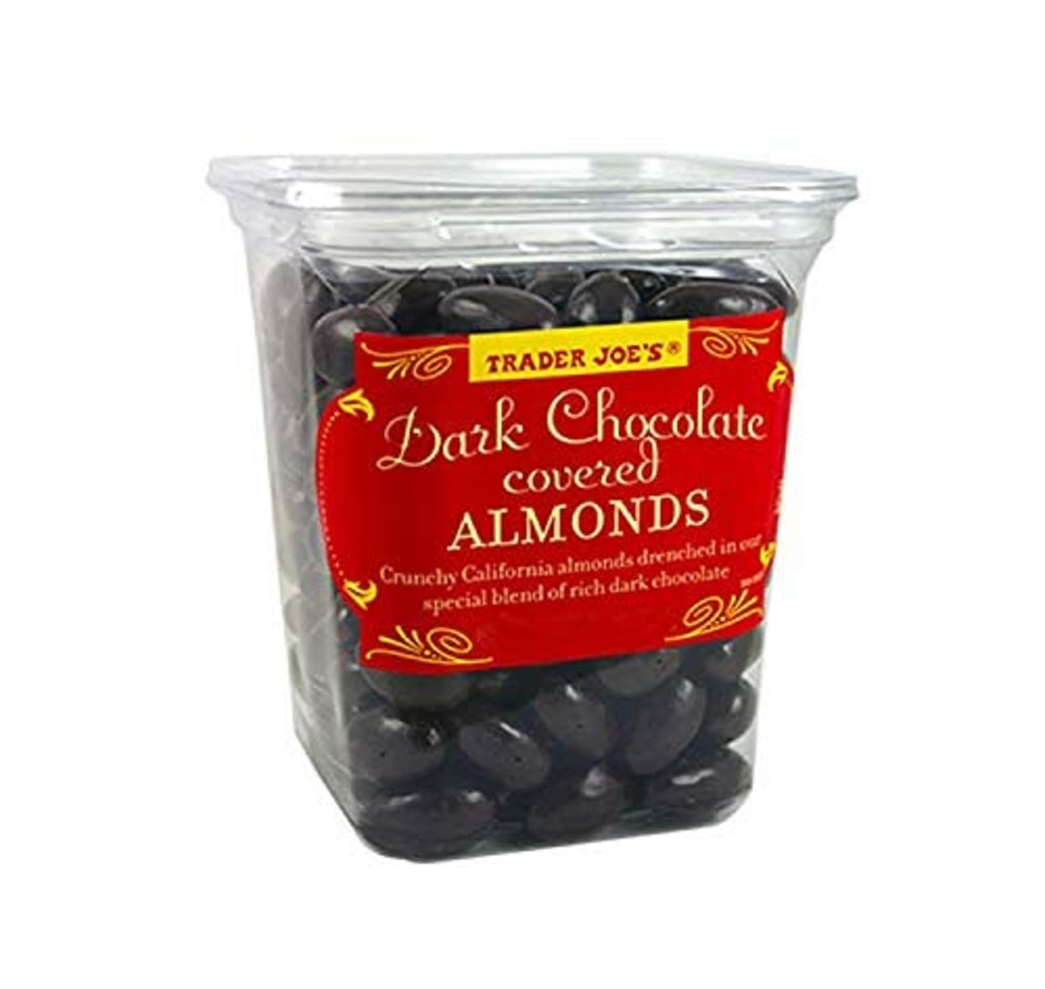 Trader Joe's almonds drenched in dark chocolate close-up; rich flavor and crunch for a quick treat.