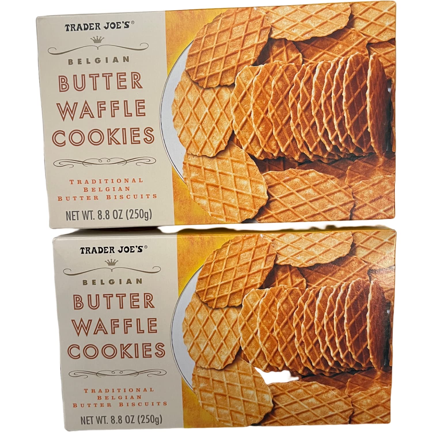 Trader Joe's Belgian butter waffle cookies on a plate, two-pack display for celebrations.