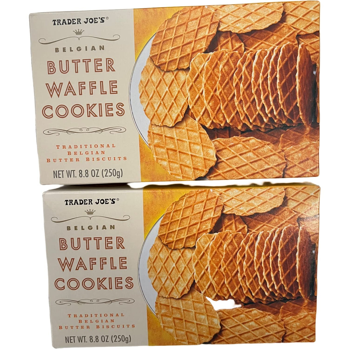 Trader Joe's Belgian butter waffle cookies on a plate, two-pack display for celebrations.