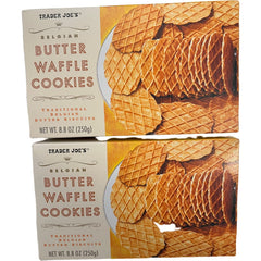Trader Joe's Belgian butter waffle cookies on a plate, two-pack display for celebrations.